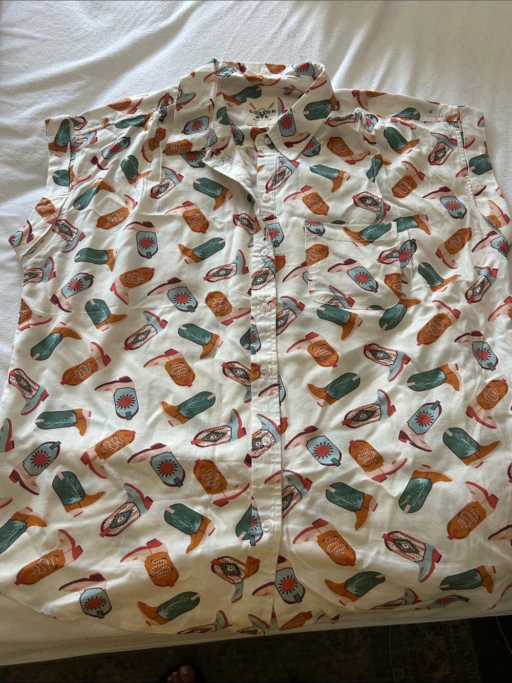 Women's Button-Front Blouse in White with Green & Orange Print -